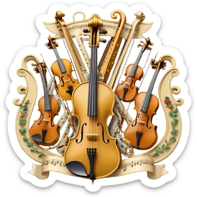 Create a sophisticated, festive, and professional emoji collage resembling a coat of arms, symbolizing string instruments. The design should feature several string instruments, such as a violin, cello, guitar, and harp, arranged in an elegant, balanced composition. Each instrument's neck (fingerboard) should intertwine with flowing musical notes, forming a ribbon-like structure that weaves through the instruments. The strings of the instruments should be emphasized, creating a dynamic and elegant effect. Use rich gold and silver accents to highlight the professional quality of the instruments, with deep wooden tones for the body of each instrument. Surround the instruments with a subtle border, resembling a heraldic crest, and add small decorative elements like laurel leaves or subtle flourishes. The background should be transparent to keep the design clean and polished. sticker