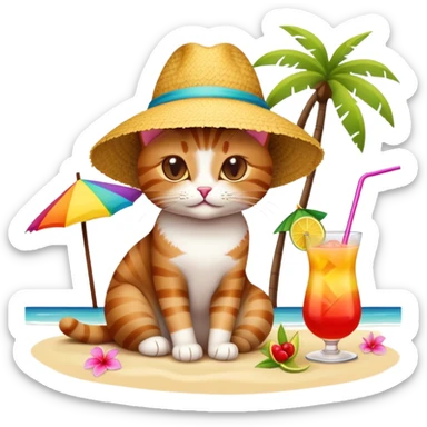 Cat with sunhat relaxing on beach with colorful mai tai cocktail sticker