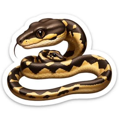 A photo-realistic digital illustration of a Ball Python, large headshot portrait. The snake has a short, rounded snout, smooth contours, and a calm, curious expression. Its head is warm brown with bold, irregular dark markings, including the signature “alien-head” pattern.  sticker