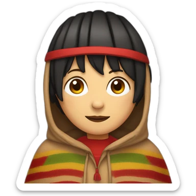 full view of a light brown bedbug with a red headband, shoulder-length black hair down to the ears. It is dressed in a red poncho (with red, yellow and green vertical lines) sticker