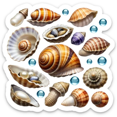 A colorful collage of sea snails, clams, and oysters, with intricate shells, pearls, and water droplets. Some shells are open, revealing the soft interior, while others remain closed. Beautiful oceanic background with soft lighting, coral, and aquatic plants. Transparent background. sticker