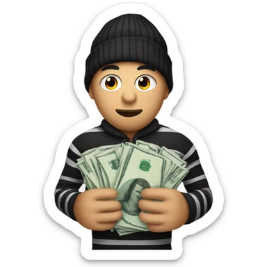 robber wearing criminal striped shirt, a black beanie, holding a money sack. sticker