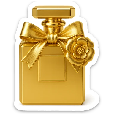 Chanel-inspired perfume bottle, metallic gold, with a ribbon and camellia flower, feminine and stylish sticker
