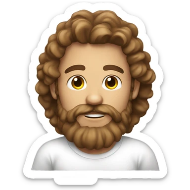 a person with a light beard and long curly hair and brown eyes wearing a white t shirt and looking at the camera s sticker