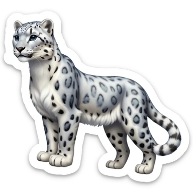 Cinematic-Snow-Leopard-Realistic-Full-Body-Standing-Emoji – Tail curled gracefully, head tilted dramatically, dense spotted fur shimmering in the cold mountain air, powerful yet elegant frame, simplified yet realistic focused features, highly detailed, glowing with an almost sarcastic glow. sticker