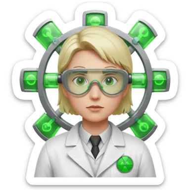 nuclear scientist portrait, head and shoulders only, wearing lab coat collar, protective goggles, glowing green radiation symbol badge, serious expression, sci-fi laboratory vibe, 3D cartoon, mobile game icon style, clean background, no text, no watermark
 sticker