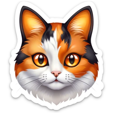 Cinematic Cute Calico Cat Portrait Emoji, Head tilted playfully with sparkling, inquisitive eyes and a charming patchwork fur of orange, black, and white, simplified yet irresistibly adorable, highly detailed, glowing with a warm, inviting glow, high shine, bubbly and affectionate, styled with a touch of whimsical feline charm, soft glowing outline, capturing the essence of a delightfully cute calico cat that looks as if it could prance off the screen into your heart! sticker