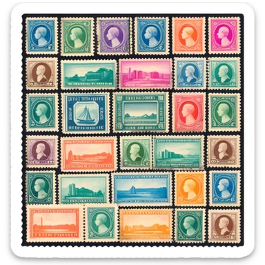 Icon for Stamp Collecting: a collection of vintage and colorful stamps arranged in an album or on a desk, with a large stamp block in the center showcasing different themes. The icon should reflect the charm and history of philately. Transparent background. sticker