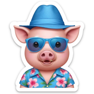 Pig with blue aloha shirt, birthday hat, sunglasses sticker