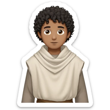 medieval outfit worn by a DnD themed fantasy character. basic rough cotton tunic with a thick wool shawl. clothes only above the waist. The clothes full waist. The character's haven't arms. character is black hair gray eyes short curly hair medium-brown-skinned man. sticker