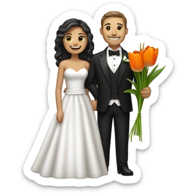 Wedding-themed emoji of a joyful couple. The man, in a black tuxedo, holds orange tulips, and the woman, in a white dress, holds a small flower. They stand close, smiling, with her arm on his shoulder, against a simple background sticker