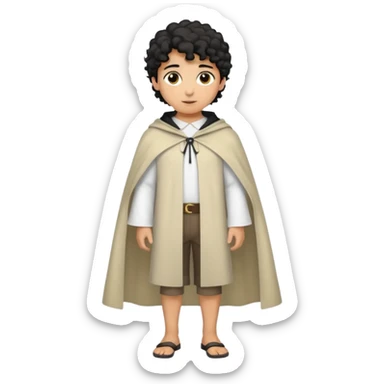 Apariencia: Joven de unos 25-30 años, atractivo,.
-Rostro: Ojos oscuros, piel ligeramente morena, rasgos árabes finos.
-Cabello: Negro, rizado corto, viste como cristiano (camisa blanca, capa corta, colores sobrios). Que salga de cuerpo completo sticker