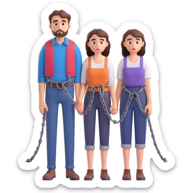 sad innocent couple man and woman in simple rural clothes with chains on their hands standing in front of a small village angry villagers shouting and pointing fingers in the background couple looks helpless and tired bright emoji-like colors cartoonish expressive style sticker