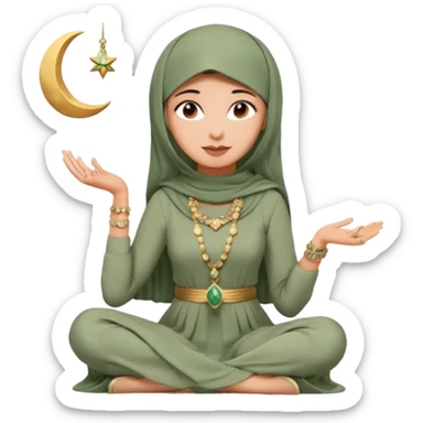 Aesthetic hijabi woman wearing sage green dress and Cartier jewelleries sitting down with crescent moon and ketupat sticker