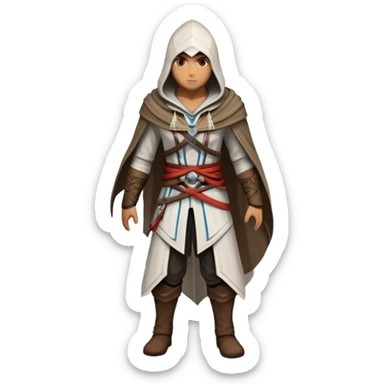 An icon representing an adventure game, inspired by Assassin's Creed. The design features a heroic character in hooded attire, scaling a tall building in a historical cityscape. The background shows ancient architecture and hidden symbols, symbolizing exploration and stealth. Transparent background sticker