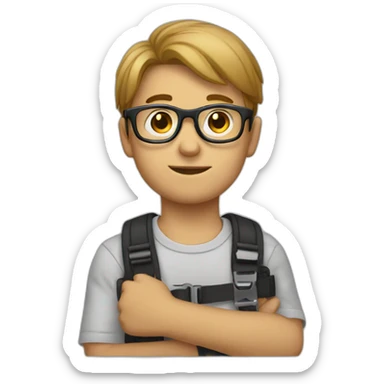 a boy with glasses on his face and a wrist belt on his wrist sticker