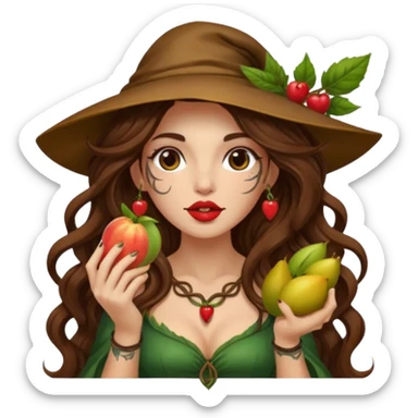 forest mage woman long wavy brown hair tattoos holding fruit near lips sticker