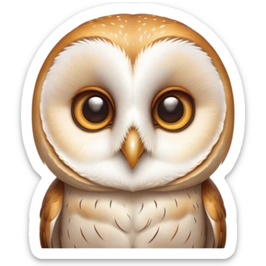 Cinematic Cute Barn Owl Portrait Emoji, Head tilted playfully and inquisitively, featuring a softly mottled Fur of white and brown with delicate feather patterns, round, sparkling amber eyes filled with curious wonder, Simplified yet irresistibly adorable features, highly detailed, glowing with a warm, friendly glow, high shine, affectionate and gentle, stylized with a touch of barnyard whimsy, bright and endearing, soft glowing outline, capturing the essence of a mischievous yet loving owl, so playful it feels like it could swoop out of the screen and into your arms! sticker