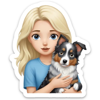 Blonde girl holding two australian shepherds (one black tri and one blue merle) sticker