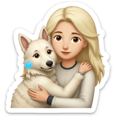 White Shepard short fur Brown eyes .the Dog ist huggin from a Long-haired blonde lady sticker