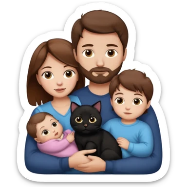 1 mom brown hair, 1 dad, 1 baby and 1 black cat sticker
