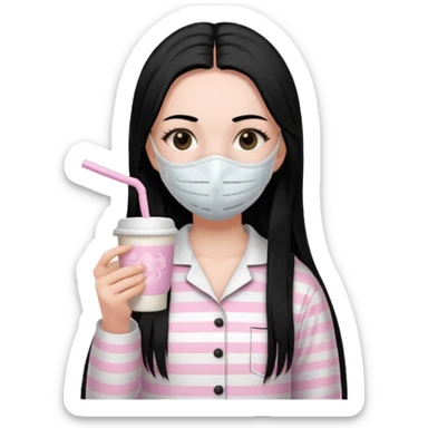chica de pelo lacio color negro cabellera larga piyama blanca con rayas rosa claras peo no tan claras no oscuras el bordado es negro al igual que los botones )tiene una mascarilla para la carablanca y sostiene y cafe con bolitas nedras al dondo con unsorbete tranparente y es de test blanca  sticker