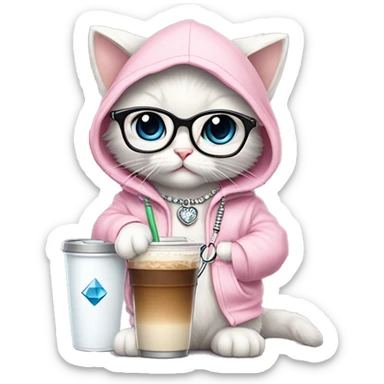 White rag doll kitten wearing a fancy light pink hoodie and a diamond filled stethoscope necklace and wearing clear glasses and holding iced coffee  sticker