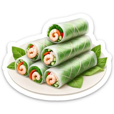 Cinematic Realistic Vietnamese Summer Rolls Dish Emoji, depicted with delicate rice paper wraps filled with fresh vegetables and shrimp rendered with crisp textures and refreshing lighting. sticker