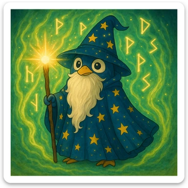 Make the penguin wizard more magical by intensifying the magical aura, adding floating runes, sparkling particles, and a glowing staff tip, in a fantasy illustration style. sticker