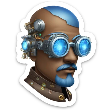 Brown shaved male cyborg head with blue beard, silver steampunk monocle goggles and circuits sticker