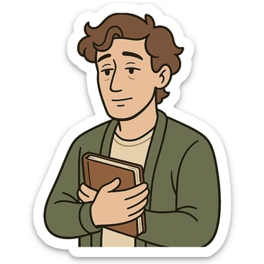 Calm and thoughtful male confidant, fair skin, soft wavy brown hair, gentle eyes, wearing a green cardigan over a light shirt, holding an open journal close to chest, waist-up, front-facing, pure background sticker