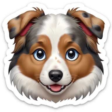 Cinematic Comical Calico Australian Shepherd Portrait Emoji, Head tilted dramatically with an exaggeratedly shocked or offended expression, predominantly white fur with striking black, tan, and red calico merle markings, wide, expressive blue eyes filled with exaggerated disbelief, Simplified yet hilariously expressive features, highly detailed, glowing with a slightly sassy glow, high shine, dramatic yet playful, stylized with an air of attitude, bright and endearing, soft glowing outline, capturing the essence of a sassy and over-the-top pup, so meme-worthy it feels like it could side-eye its way into internet fame instantly! sticker