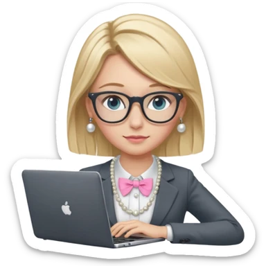 Please take the girl with laptop emoji and make her glassess light brown, her eyes ocean blue and her nose a bit smaller and pointier and she has blonde very long hair and a dark grey suit and pearls necklace, and has a laptop in fron of her and a tiny pink bow on the left side of her head sticker