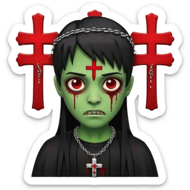 zumbi verde com olhos vermelhos sangrando e franja roupa preta e um crucifixo como colar sticker