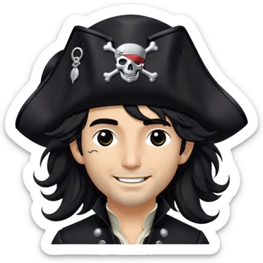 A charismatic pirate with wavy black hair tousled by the breeze. His silver-embroidered tricorn hat casts a shadow. Dark eyes glint with mischief as he looks to the side, a knowing smile on his lips. His black coat, adorned with silver buttons, shifts with the wind sticker
