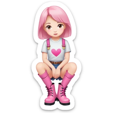  top and skirt with pink inscription “girl”  squatting in pink boots sticker