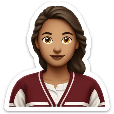 Girl with olive skin and brown hair wearing a dark red and white Harvard University sweater with the Harvard logo on it sticker