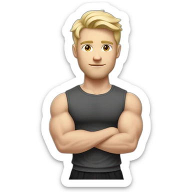 Full height Pale skinned fit man With the biceps and blonde hair In dark gray sleeveless mike, black oversize sports shorts, watch and white sneakers. his arms crossed over his chest sticker