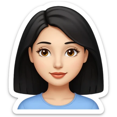 Feminine woman Softly rounded, healthy face — slightly curvy and feminine, not overweight.
Warm tan skin, brown eyes with long lashes, full glossy lips, gentle smile.
Shoulder-length black hair framing the face.
Clean, polished emoji look, soft shading, neutral background. sticker
