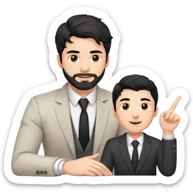 Professional 35-year-old man with black wavy hair, stubble, strong jawline, white skin tone, wearing smart casual business attire, sitting across from a young professional, providing one-on-one mentorship, gesturing with supportive and guiding expression sticker