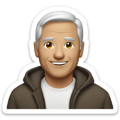 An older man with light skin, short dark brown  hair, a smiling face without a beard and fit sticker