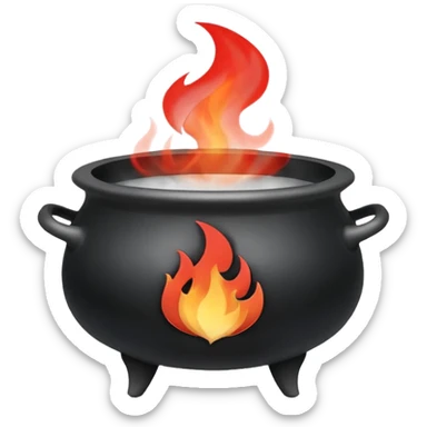 A black cauldron with lot of smoke rising, and the white YouTube play button logo floating above the smoke, red fire on the bottom sticker