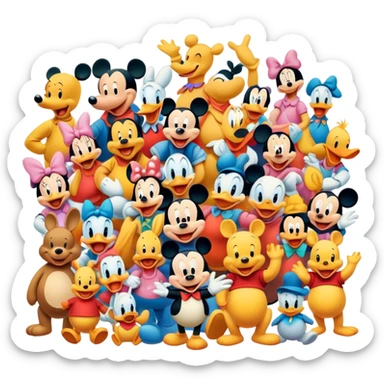A colorful, playful close-up collage of classic cartoon characters like Goofy, Mickey Mouse, Donald Duck, Winnie-the-Pooh, and others. Bright, vibrant colors with cheerful expressions. Whimsical and nostalgic style. Transparent background. sticker