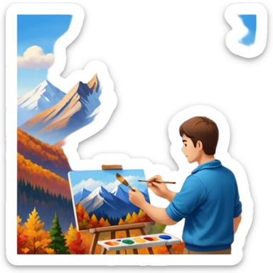 Artist painting a beautiful autumn mountain peak destination on canvas sticker