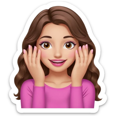 girl with long wavy brown hair, brown eyes, long lashes, sexy pink lips, light to medium complexion, wearing a pink sexy top, smiling, hands covering over the eyes sticker