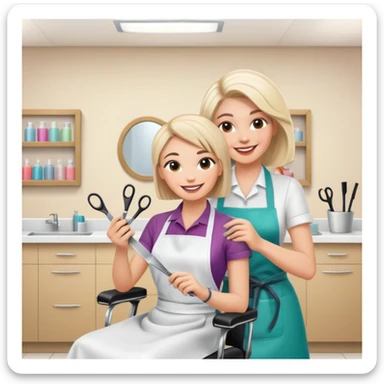 friendly and cheerful salon scene with a woman client smiling in chair wearing an apron and a female hairstylist smiling behind her holding scissors, bright and positive atmosphere sticker