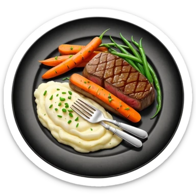 Medium rare Wagyu steak on a bed of creamy garlic mash potatoes couples with pan seared carrots and  green beans sticker