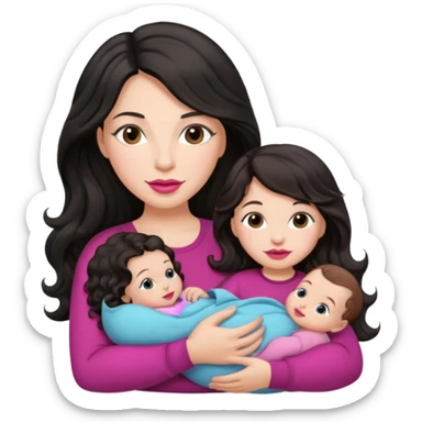 Beautiful Mother long black wavy  hair pink lipstick  holding 1 one infant brown hair fair skin sticker