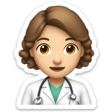 mujer medico de pelo marron y largo. Con ojos marrones. con la palma de la mano hacia arriba. sticker