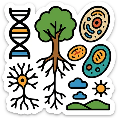 A realistic biological illustration (like in a school book) showing: DNA strands transitioning into a tree, cells with visible organelles, neurons connected to plant roots  and a balanced ecosystem background . Seamless integration, no labels or borders, complete white background (not off white!), detailed but minimalist.  sticker